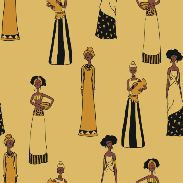 illustrations, cliparts, dessins animés et icônes de modèle de vecteur sans couture avec de belles femmes sur le fond jaune clair. conception de papier peint d’art de ligne de personnes. textile féminin africain de mode. - backgrounds black seamless textured