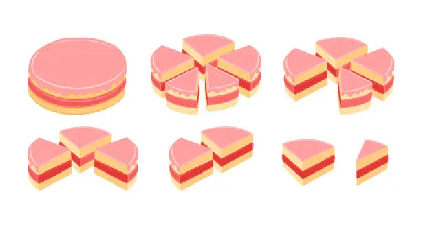 Vector illustration of Pieces of pink cake infographic set. The whole cake and its parts. Red cream. Isometric view vector illustration.