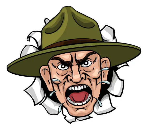 Vector illustration of Angry Army Bootcamp Drill Sergeant Cartoon