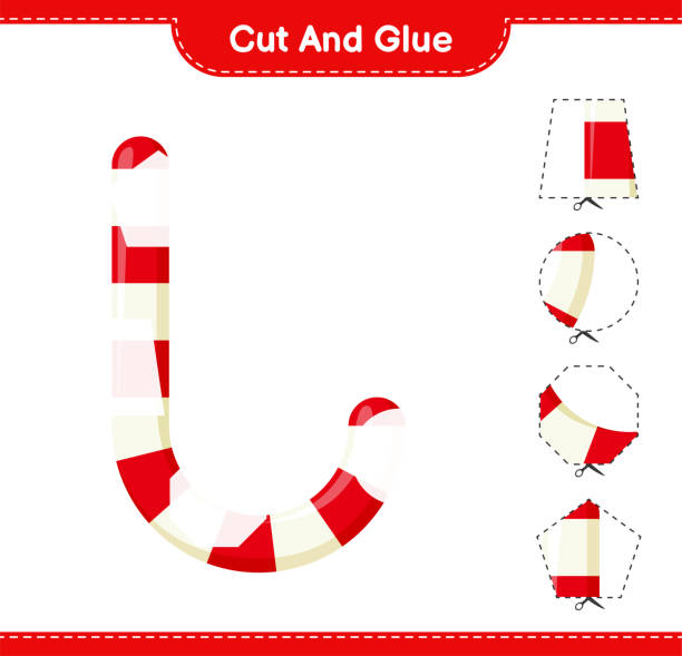 ilustrações de stock, clip art, desenhos animados e ícones de cut and glue, cut parts of candy canes and glue them. educational children game, printable worksheet, vector illustration - candy cane flash