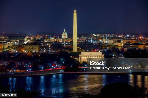 Aerial View Of The Washington Dc At Night Stock Photo - Download Image Now - Washington DC, Night, Urban Skyline