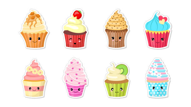 かわいいキャラクターカップケーキステッカーのセット。白い背景に隔離されています。 - cupcake sugar isolated on white white background点のイラスト素材／クリップアート素材／マンガ素材／アイコン素材