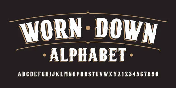 Vector illustration of Worn Down alphabet font. Hand written letters and numbers.