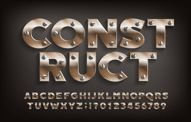 Construct alphabet font. Metallic letters and numbers with screws. Construct alphabet font. Metallic letters and numbers with screws. Stock vector typeface for your design. ironclad stock illustrations