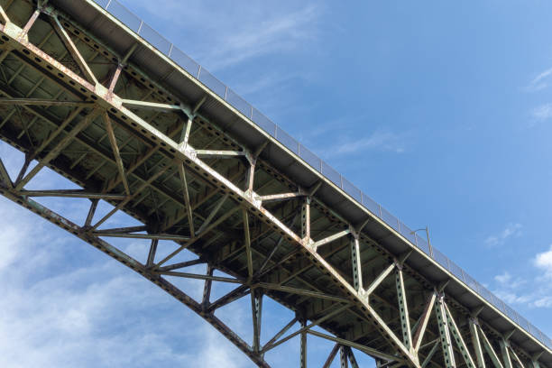 istock View from underneath an old arch highway bridge silhouetted against a blue sky, creative copy space 1289726573