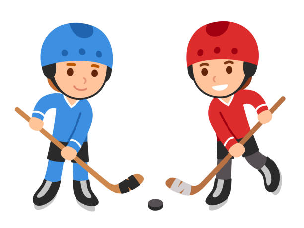 Cute cartoon children playing hokey Cute cartoon children playing hockey, boys in blue and red team uniform. Isolated vector clip art illustration. ice hockey league stock illustrations