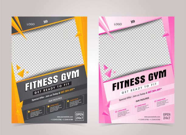 růžová, oranžová a černá barva fitness body building a tělocvična flyer a4 velikost šablona - tělocvična rekreační zařízení fotky stock ilustrace