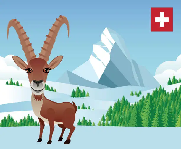 Vector illustration of Alpine Ibex and Matterhorn
