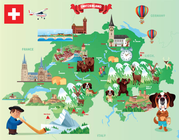 ilustrações de stock, clip art, desenhos animados e ícones de cartoon map of switzerland - map switzerland swiss culture zurich