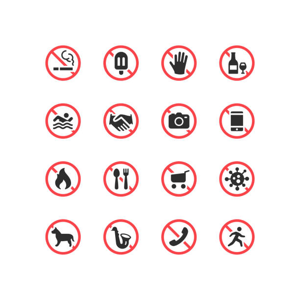 ilustraciones, imágenes clip art, dibujos animados e iconos de stock de no firme iconos planos - mobile phone telephone exclusion forbidden