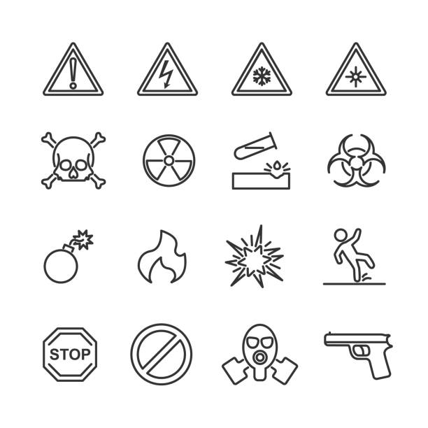 ilustrações, clipart, desenhos animados e ícones de conjunto de imagens vetoriais de ícones de linha de aviso. - environment risk nuclear power station technology