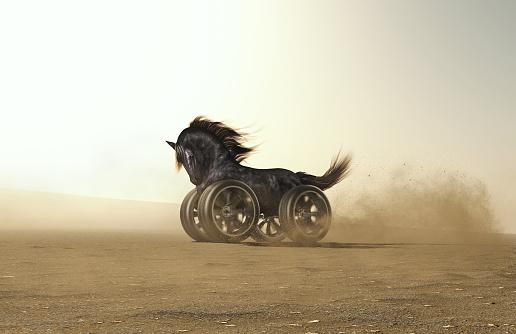 Black horse with car wheels instead of legs at high speed in the desert . This is a 3d render illustration .