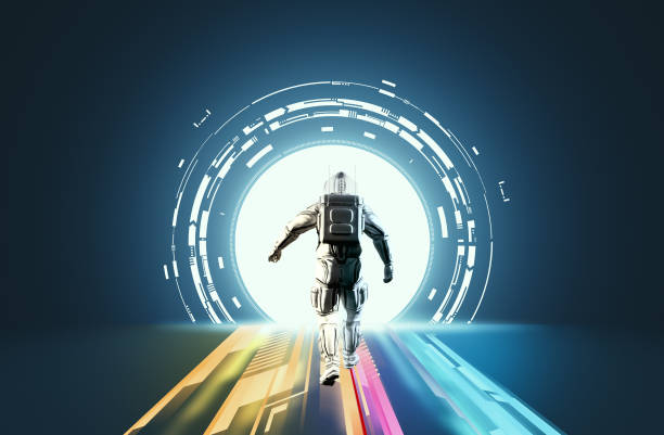 istock Astronaut on a futuristic background . Sci fi colorful data information . 1289737173