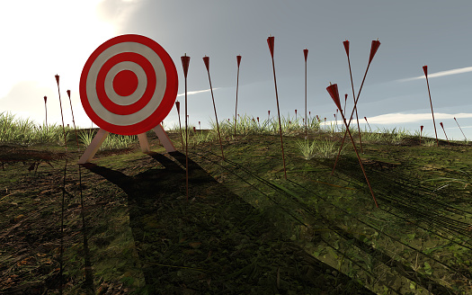 Flechas perdidas alrededor de un objetivo rojo en el campo. Concepto de consultoría de destino de audiencia. Esta es una ilustración de renderización 3D. photo
