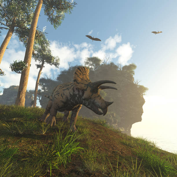 istock Triceratops in the coast and a pterodactyl flying . This is a 3d render illustration . 1289737219