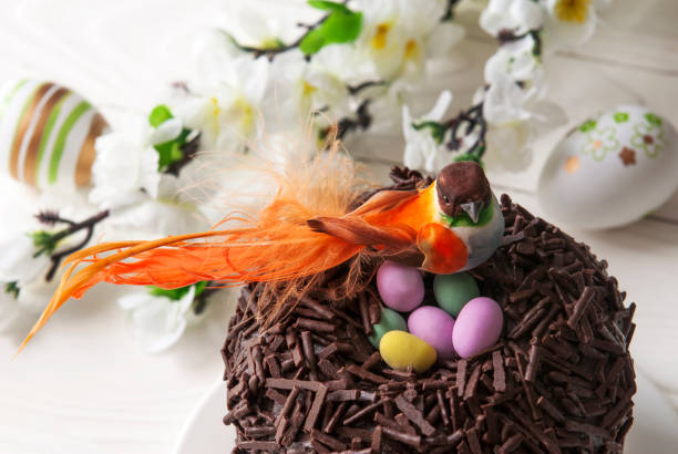 torta al cioccolato pasquale e uccello seduto nel nido - easter nest foto e immagini stock