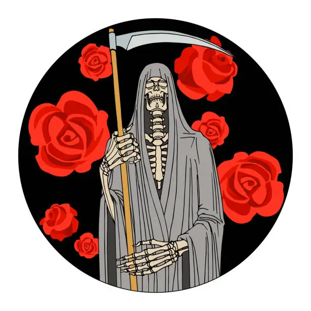 Vector illustration of death in a shroud with a scythe and red roses, grim reaper, skeleton