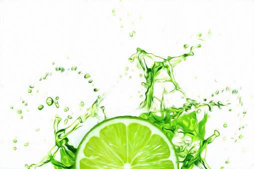 Sliced lime in a splash of juice top view. Concept for fruit background, food, freshness. 3D illustration, 3D render