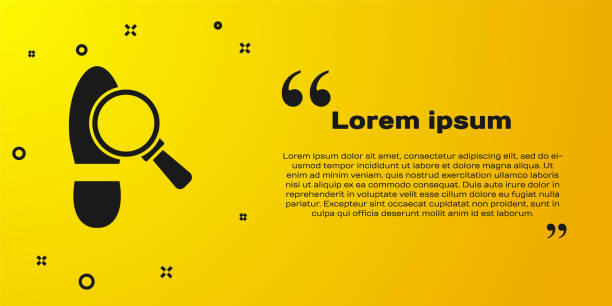 istock Black Magnifying glass with footsteps icon isolated on yellow background. Detective is investigating. To follow in the footsteps. Vector 1289743985