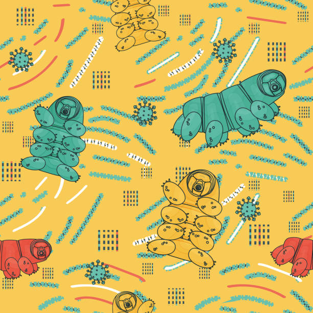 Yellow, blue, white, pink tardigrade seamless repeat pattern with lines and dots Yellow, blue, white, pink abstract tardigrade seamless repeat pattern with lines and dots water bear stock illustrations