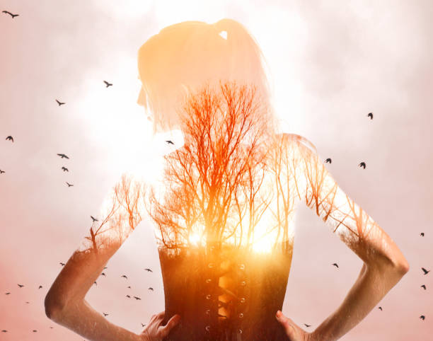 Photo of Multiple exposure of woman grateful for nature and good health.