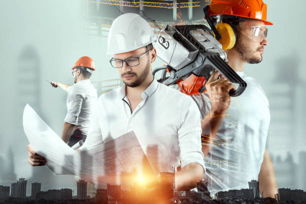 istock Male architect, builder, handyman on a light background. The concept of construction, architecture, design, business. Mixed environment, double exposure. 1289745877