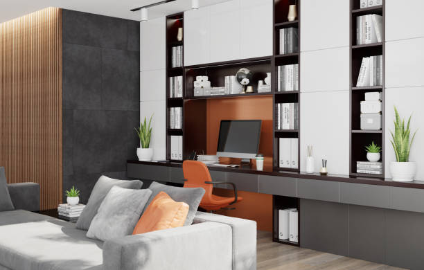 istock Modern Home Office in living room. Luxury Interior. Work from home concept. 1289747703