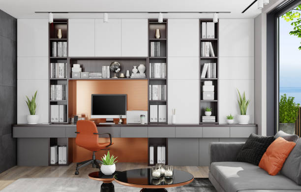 istock Modern Home Office in living room. Luxury Interior. Work from home concept. 1289747741