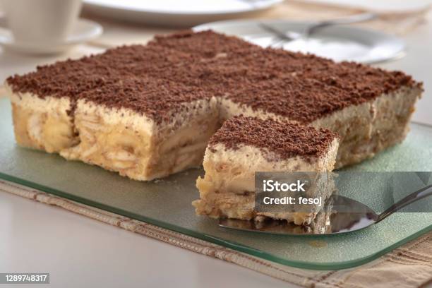 Cake With Pudding And Banana Stock Photo - Download Image Now - Mousse - Dessert, Banana, Cake