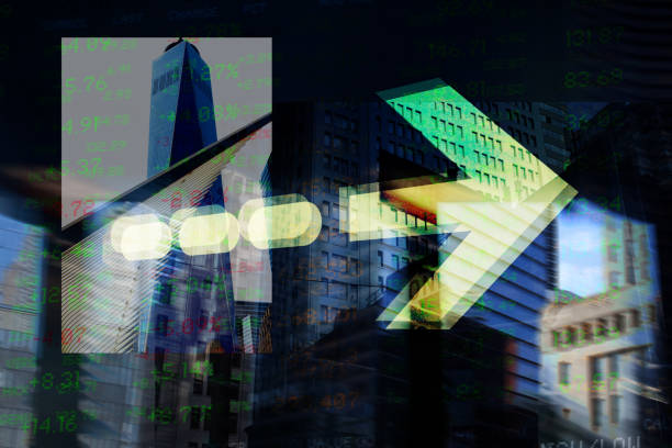 istock Finance. Arrow. New York Office Buildings and Trading Screen Data. 1289748413