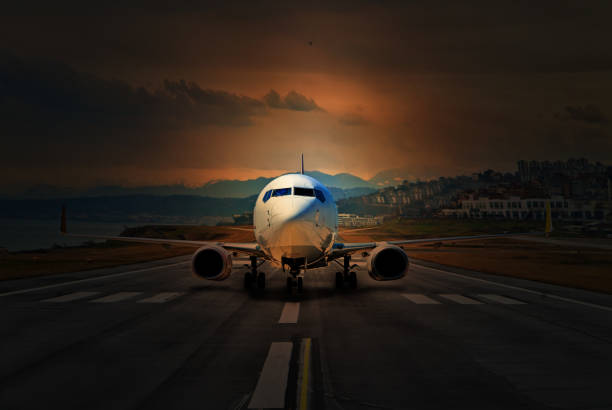 Front view of passenger airplane ready to take off.