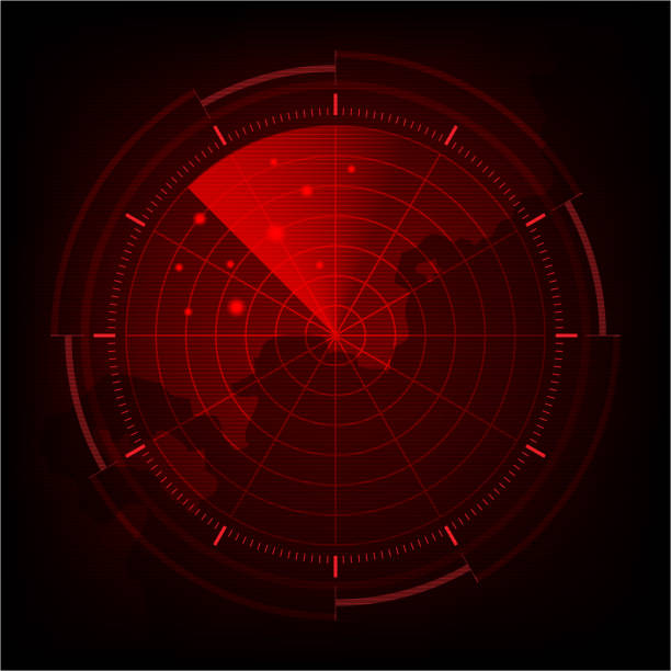 ilustraciones, imágenes clip art, dibujos animados e iconos de stock de pantalla de radar realista rojo digital, radar abstracto con objetivos, sistema de búsqueda militar. - radar