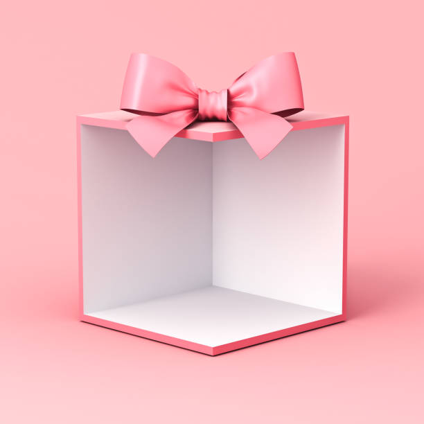 выставочный стенд пустой подарочная коробка стенд с розовым пастельные цвета ленты лук изолированы на розовом фоне минимальный концептуа� - gift pink box gift box стоковые фото и изображения