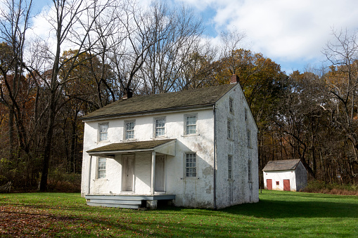 Elverson, USA - October 31, 2020. Historic school house at Iron Plantation of Hopewell Furnace National Historic Site in Berks County, Pennsylvania, USA