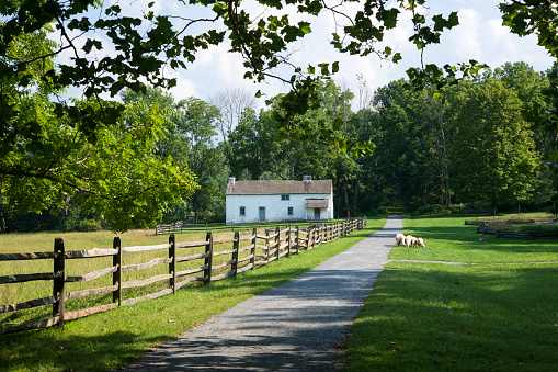 Elverson, USA - August 9, 2020. Summer scenery at Iron Plantation of Hopewell Furnace National Historic Site in Berks County, Pennsylvania, USA