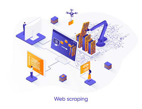 Web scraping isometric web banner. Data extraction software isometry concept. Process of automatic collecting and parsing raw data from web 3d scene design. Vector illustration with people characters.
