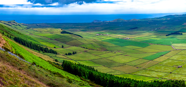 Agricultural landscape of Terceira Island with the sea in the background