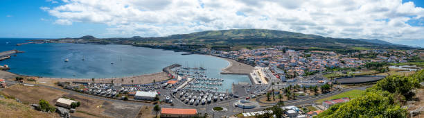 Vitoria Beach, Terceira Island, Azores View of all city, Recreational Harbor and Bay terceira azores stock pictures, royalty-free photos & images