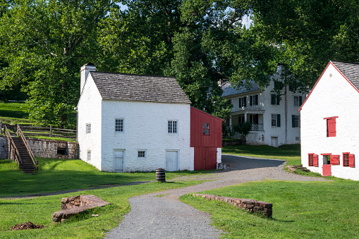 Elverson, USA - August 9, 2020. Summer scenery at Iron Plantation of Hopewell Furnace National Historic Site in Berks County, Pennsylvania, USA