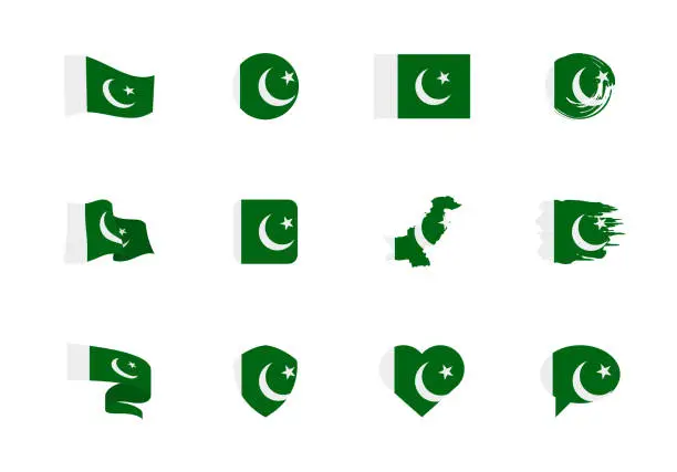 Vector illustration of Pakistan flag - flat collection. Flags of different shaped twelve flat icons.