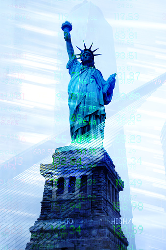 Statue of Liberty with elements of financial buildings. Graphic treatment. Digitally generated image.