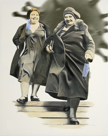 Two laughing women dressed in old fashioned clothes don`t realize that the dangerous virus behind soon will reach them