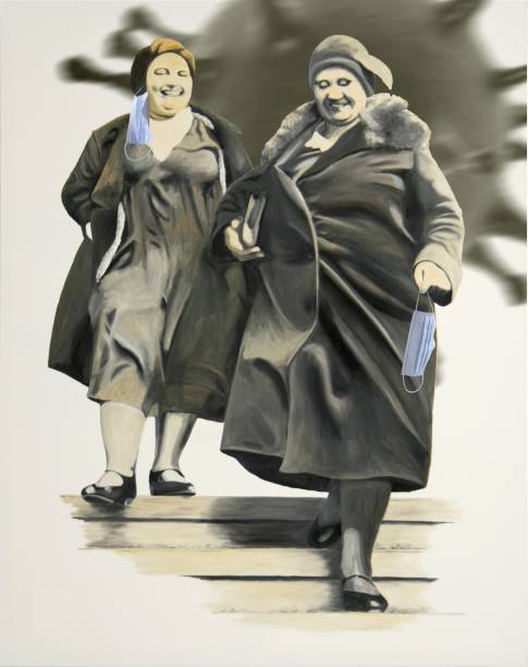 From Spanish Flu to Covid-19: Pandemic? Which Pandemic? Two laughing women dressed in old fashioned clothes don`t realize that the dangerous virus behind soon will reach them 1918 stock illustrations