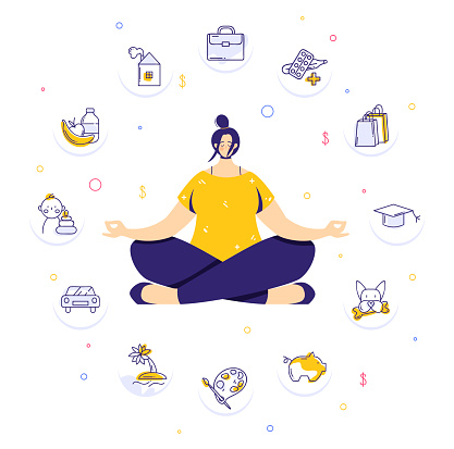 Woman sitting in yoga lotus pose and meditating. Human needs icons. Life balance concept. Isolated vector illustration in modern flat style