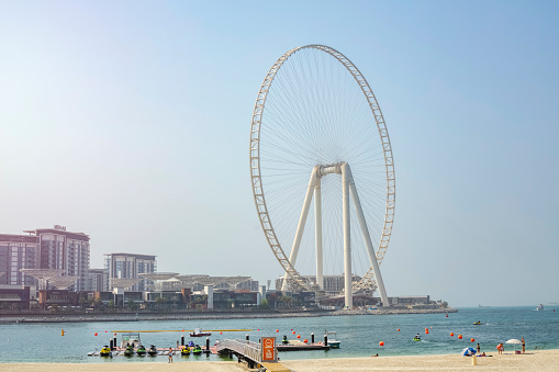 Dubai, UAEmirates - October 3, 2019 - Jumeirah Beach Residence overlooking Dubai Bluewaters. travel, vacation