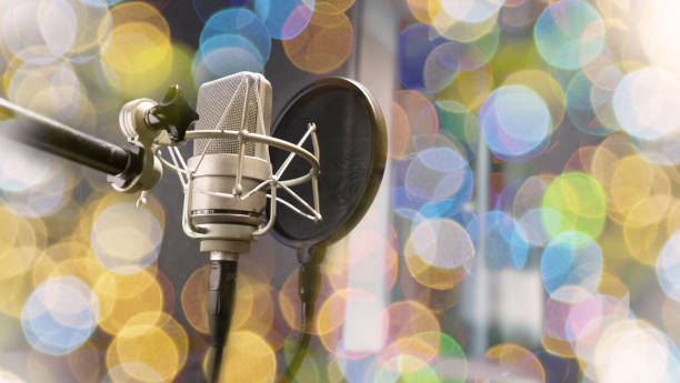 istock Studio microphone with shock mount and pop filter on tripod stand for sound engineer and singer or announcement on air studioroom. microphone and equipment concept. 1289765467