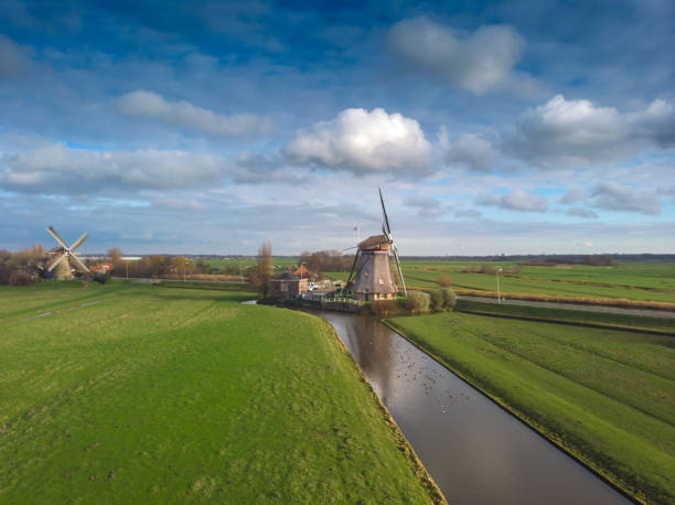 aerial view of typical Dutch windmills in a rural landscape; Maasland, Netherlands