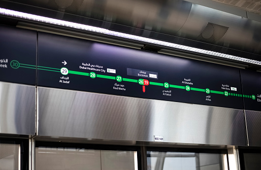 Dubai, United Arab Emirates - October 3, 2019- Scheme of metro stations of a green branch, line. automated metro rail network in dubai city united arab emirates