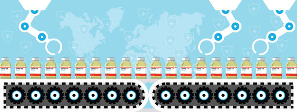 ilustraciones, imágenes clip art, dibujos animados e iconos de stock de producción y distribución de una vacuna covid-19. diseño por botellas de vacuna amarillas que se deslizan sobre la correa de fábrica para su fabricación con manos robóticas. metáfora del laboratorio de coronavirus science cartel o estandarte social - laboratorio farmaceutico