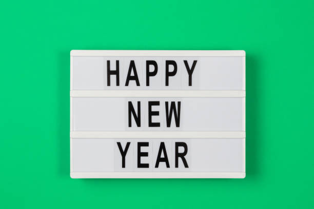 istock Happy new year text in a light box on green background 1289769345